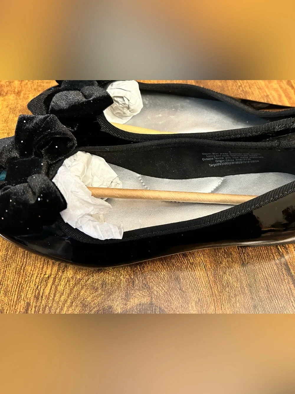 Cat & Jack Girls’ Black Faux Patent Leather w/Velvet Bow Ballet Flats Size 3